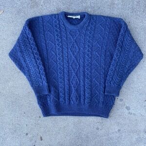 Aran Market Ireland Merino Wool Zig Zag Sweater Blue Cableknit Fisherman L